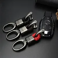 ASJAR Premium Universal Car & Bike Key Holder Handwoven Key Chain Alloy Keyring | small size (Lather) (Red)-thumb3