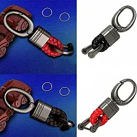 ASJAR Premium Universal Car & Bike Key Holder Handwoven Key Chain Alloy Keyring | small size (Lather) (Black)-thumb1