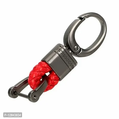 ASJAR Premium Universal Car & Bike Key Holder Handwoven Key Chain Alloy Keyring | small size (Lather) (Red)