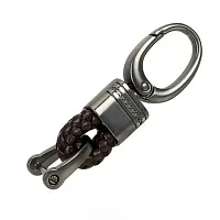 ASJAR Premium Universal Car & Bike Key Holder Handwoven Key Chain Alloy Keyring | small size (Lather) (Red)-thumb2