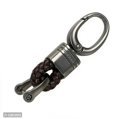 ASJAR Premium Universal Car & Bike Key Holder Handwoven Key Chain Alloy Keyring | small size (Lather) (Red)-thumb3