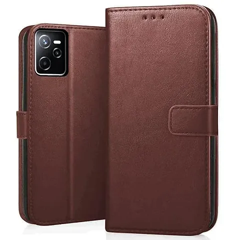 Cloudza Realme Narzo 50A Prime Flip Back Cover | PU Leather Flip Cover Wallet Case with TPU Silicone Case Back Cover for Realme Narzo 50A Prime Brown