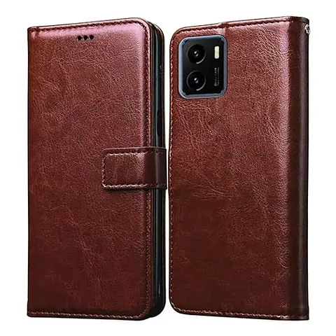 Cloudza Vivo Y15s 2021 Flip Back Cover | PU Leather Flip Cover Wallet Case with TPU Silicone Case Back Cover for Vivo Y15s 2021 Brown