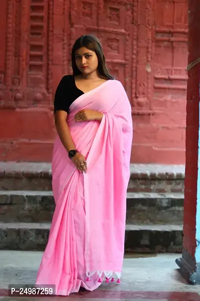 Stylish Cotton Pink Solid Saree with Blouse Piece