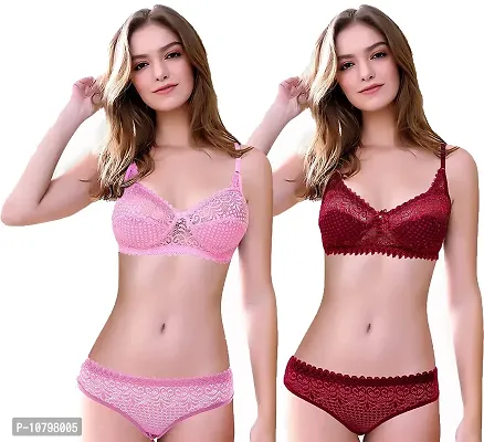 Net Pink And Maroon Bra And Panty Set For Women - Pack Of 2