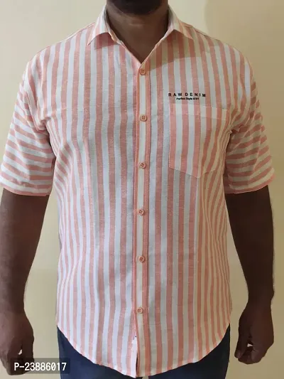 Reliable Peach Cotton Blend Striped Casual Shirts For Men