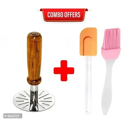 Useful Combo Of Potato Pav Bhaji Wooden Masher And Silicone Spatula And Pastry Oil Brush For Kitchen Use