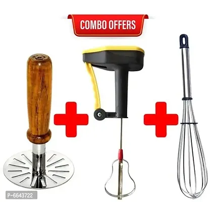 Useful Combo Of Potato Pav Bhaji Wooden Masher And Manual Power Free Hand Blender With Stainless Steel Blades And Stainless Steel Wire Whisk / Egg Beater