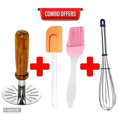 Useful Combo Of Potato Pav Bhaji Wooden Masher And Silicone Spatula And Pastry Oil Brush For Kitchen Use And Stainless Steel Wire Whisk / Egg Beater