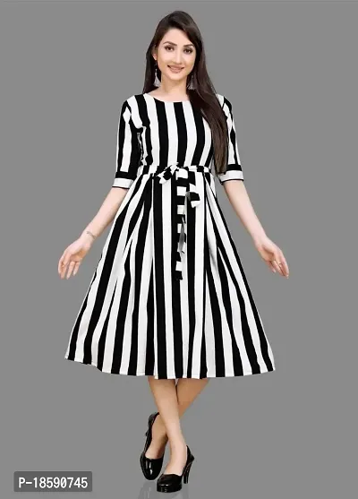 Stylish White Crepe Striped A-Line Dress For Women-thumb0