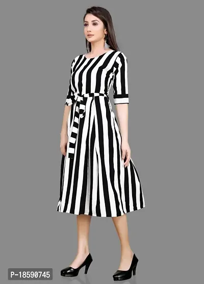 Stylish White Crepe Striped A-Line Dress For Women-thumb4