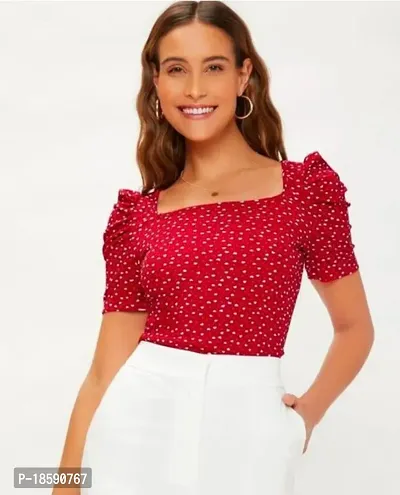 Elegant Red Cotton Blend Polka Dot Print Top For Women