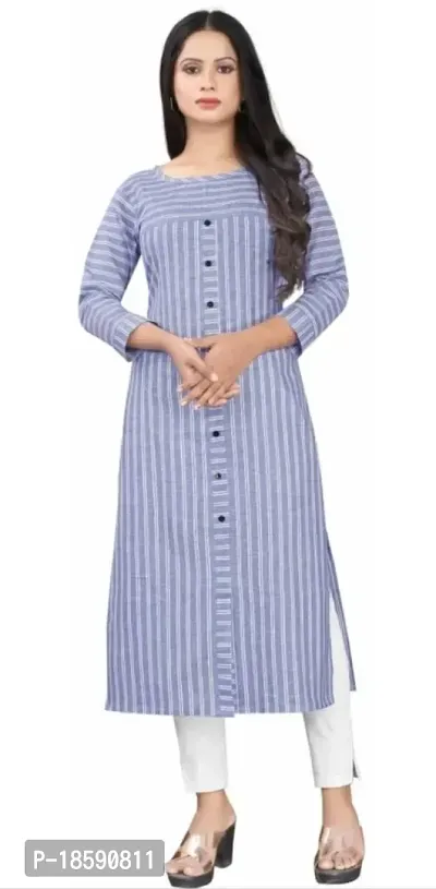 Elegant Blue Striped Pure Cotton Kurta For Women-thumb0