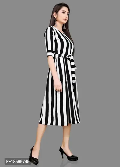 Stylish White Crepe Striped A-Line Dress For Women-thumb3