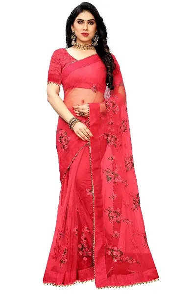 Floral Embroidered Net Sarees With Blouse Piece