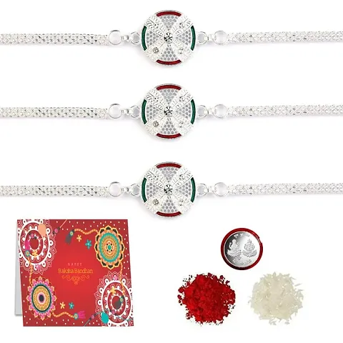 Pack of 3 Beautiful Rakhi With Roli Chawal Tilak And Greeting Card