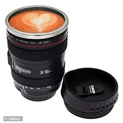 Stainless Steel, Plastic Camera Lens Coffee Mug with 2 Lid - Black-thumb0
