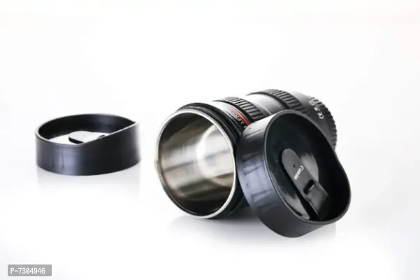 Stainless Steel, Plastic Camera Lens Coffee Mug with 2 Lid - Black-thumb2
