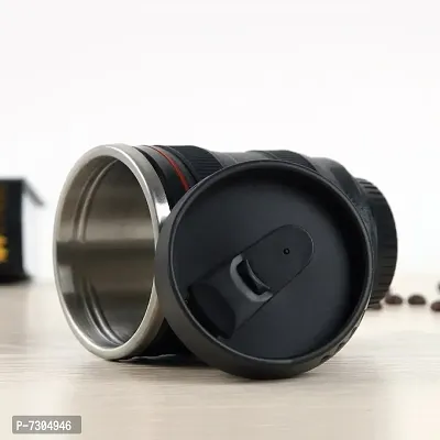 Stainless Steel, Plastic Camera Lens Coffee Mug with 2 Lid - Black-thumb4