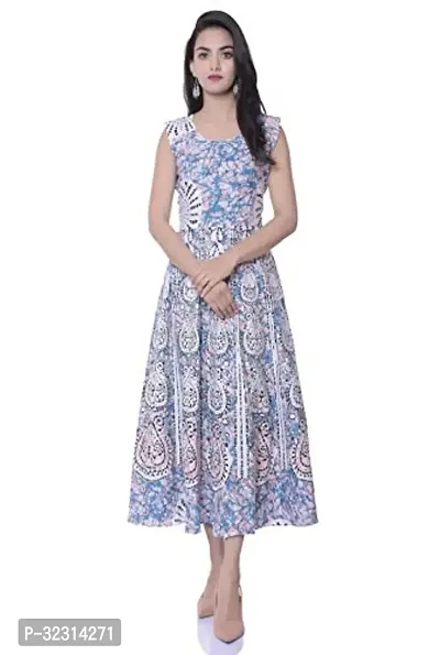 Stylish Indo-western Blue Printed Cotton Gown For Women