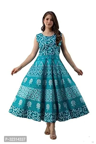 Stylish Indo-western Blue Printed Cotton Gown For Women-thumb0