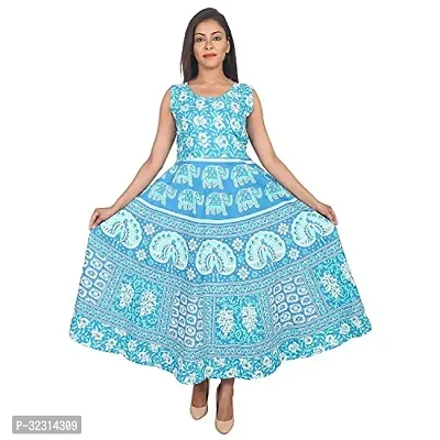 Stylish Indo-western Blue Printed Cotton Gown For Women