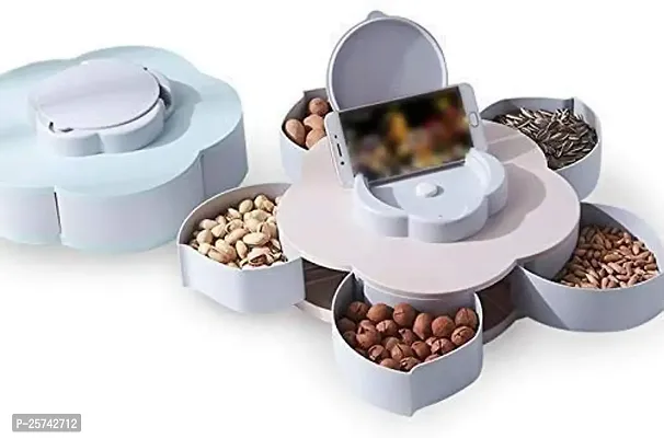 Keepbro Five Compartments Flower Candy Box Serving Rotating Tray Dry Fruit, Candy, Chocolate, Snacks Storage Box with Mobile Phone Stand for Home Kitchen-thumb2