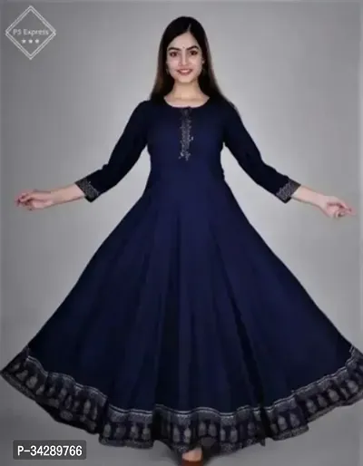 Stylish Navy Blue Printed Rayon Anarkali Gown For Women-thumb0