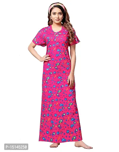 Keyocean Women's Cotton Printed Maxi Night Gown Nighty - Pink - Free Size