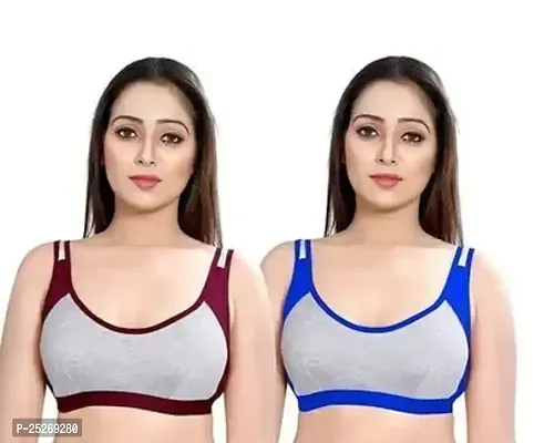 Stylish Cotton Blend Multicoloured Non Padded Sports Bras For Women Pack Of 2-thumb0