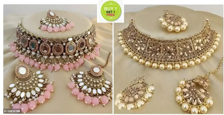 Baby Pink Multi Mirror And Golden Chili And Jhumki