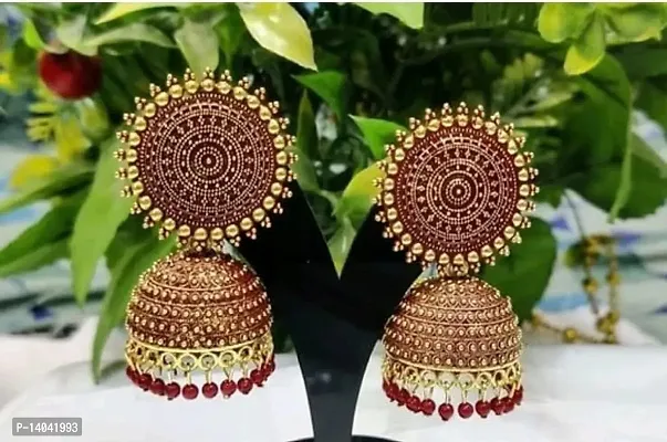 Designer golden  red Jhumka earrings-thumb2