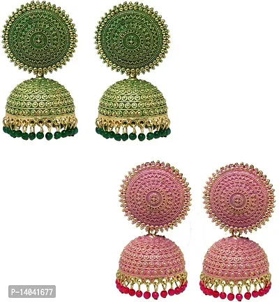 MY-Combo of 2 Stunning Pink and Dark Green Jhumki-thumb0