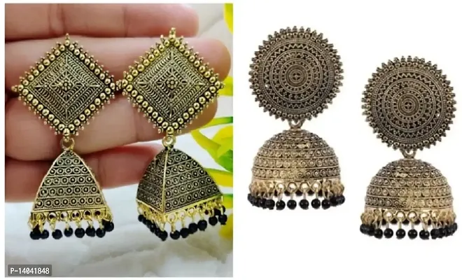 BLACK  SQUARE AND   FLORAL JHUMKI EARRING-thumb0