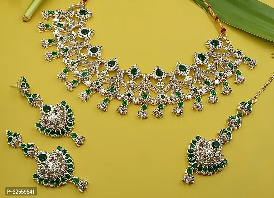 Necklace with Maang Tikka Earrings Indian Traditional Bridal Wedding Jewellery Set.-thumb0