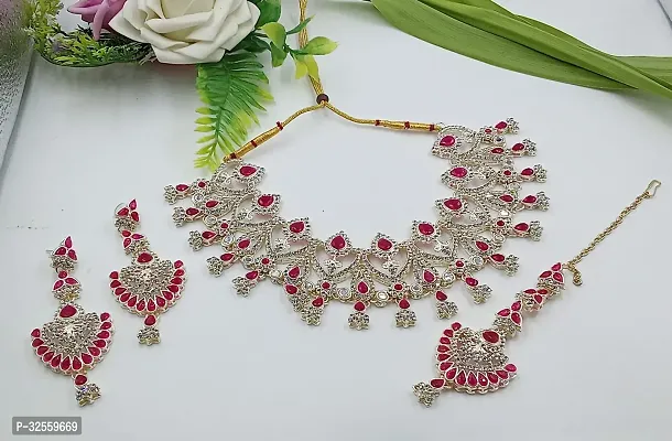 Necklace with Maang Tikka Earrings Indian Traditional Bridal Wedding Jewellery Set.