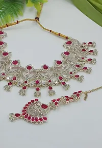 Necklace with Maang Tikka Earrings Indian Traditional Bridal Wedding Jewellery Set.-thumb4