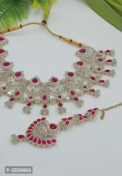 Necklace with Maang Tikka Earrings Indian Traditional Bridal Wedding Jewellery Set.-thumb5