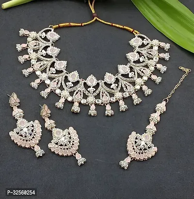 Necklace with Maang Tikka Earrings Indian Traditional Bridal Wedding Jewellery Set.