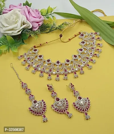 Necklace with Maang Tikka Earrings Indian Traditional Bridal Wedding Jewellery Set.