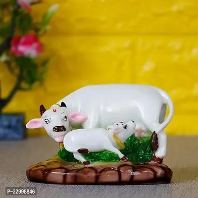 Crown Warriors Colorful Cow and Calf Statue Polyresin Statue (12.5 cm x 7.5 cm x 7.5 cm, White and Green) kamdhenu cow home decoration pack of 1-thumb0