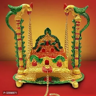 Crown Warriors Metal Laddu Gopal Jhula Palna for Laddu Gopal Ji Size (0 to 2) Number, Nand Gopal Swing Palna with Parrot and Peacock Design Decorative Showpiece, Krishna Janmashtami-thumb0