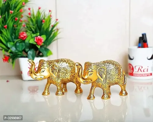 crown warriors Metal Elephant Statue Small Size Gold Polish 2 pcs Set for Your Home,Office Table Decorative and Gift Article,Animal Showpiece Figurines-thumb0