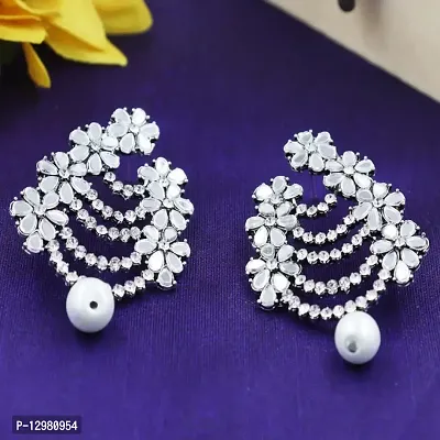 Silver Plated Floral American Diamond Studded Earrings-thumb0