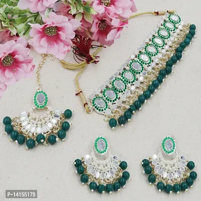 Gold Plated Mirror Work Green Necklace Jewellery Set For Girls And Women-thumb0
