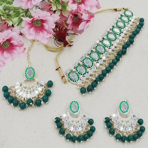 Gold Plated Mirror Work Green Necklace Jewellery Set For Girls And Women