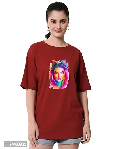 RARE BEAR Women Oversized Half Sleeves Printed Loose Fit Cotton T-Shirt with Round Neck