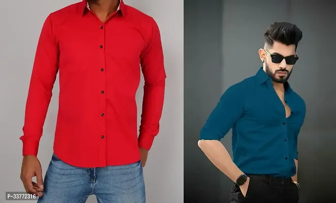 Stylish Multicoloured Polyester Solid Long Sleeves Shirt For Men Pack Of 2-thumb0