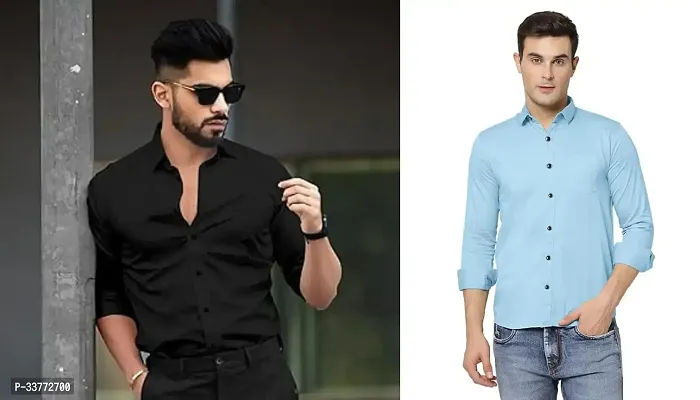 Stylish Multicoloured Polyester Solid Long Sleeves Shirt For Men Pack Of 2-thumb0