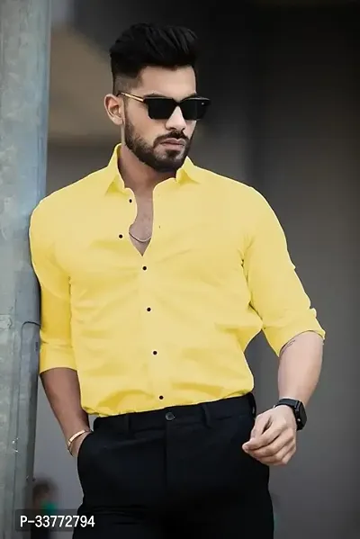 Stylish Yellow Polyester Solid Long Sleeves Shirt For Men-thumb0